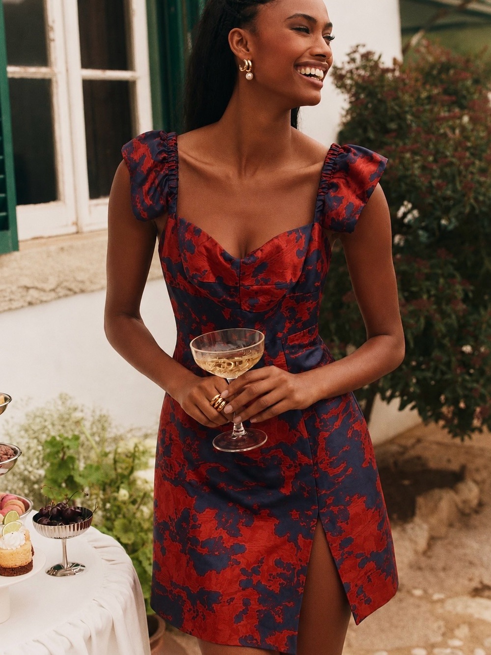Hutch | Romantic Off Shoulder Red Navy Floral Jacquard Mini Dress Side Slit US4